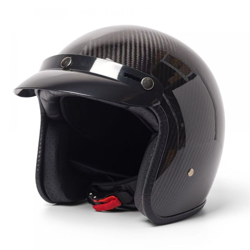 Carbon Fiber Lightweight Motorcycle Helmet - ヴィンテージカーボンファイバーオートバイヘルメット,超軽量,3/4,ジェットスクーター,明るい黒,オープンフェイス,トレンド