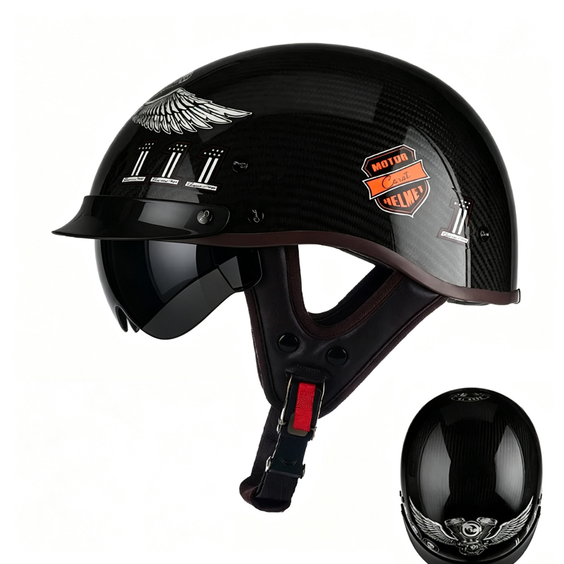 カーボンファイバー製バイク用ハーフヘルメット、レトロな軽量3 - Carbon Fiber Lightweight Motorcycle Helmet のレビューと価格